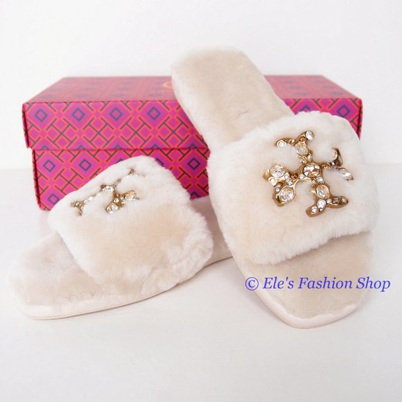 NIB Tory Burch Jeweled Double T Shearling Slipper Buttermilk US 7.5 8 8.5 9 9.5 - Picture 7 of 16